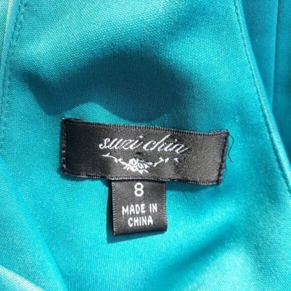 Suzi Chin Dress Y2K Cocktail Ruched Draped Surplice Satin Slip Teal - Picture 3 of 12
